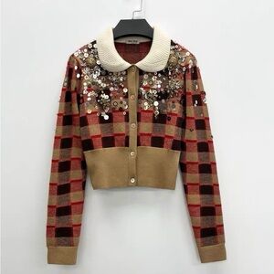 Authentic Miu Miu Red and Tan Plaid Sequin Jacket